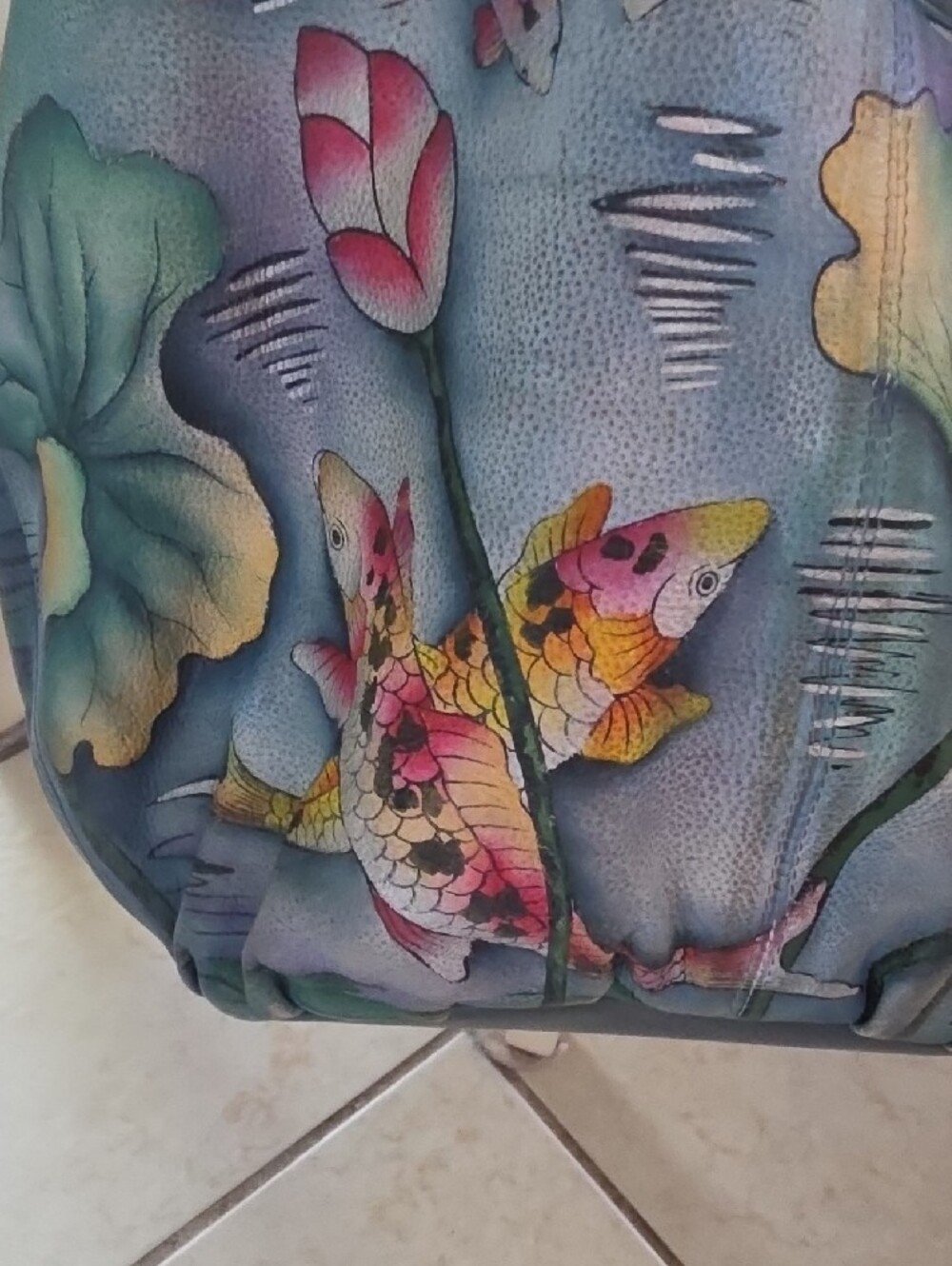 Hand-Painted Blue Floral Lotus Shoulder Bag.KOI FISH - Picture 8 of 13